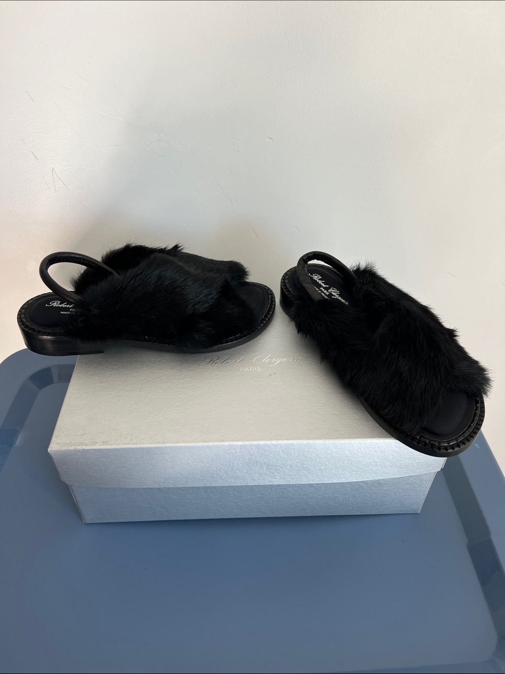 Robert Clergerie Made In France Bloss Chacha Dyed Black Real Rabbit Fur Sandals